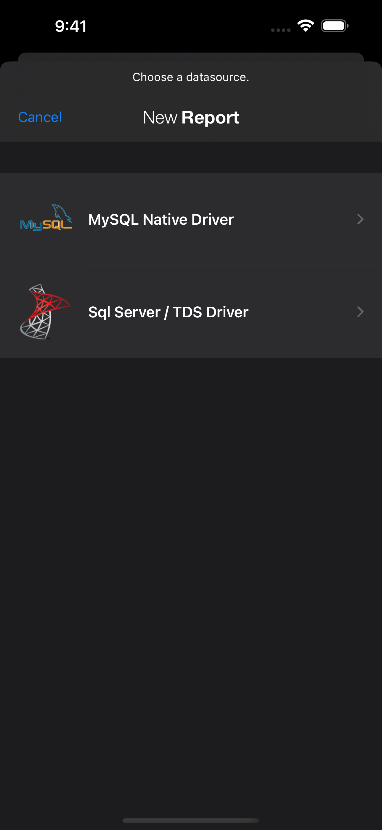 A screenshot of how to create a new report. It shows a screen to choose a datasource by selecting MySQL or Microsoft SQL Server.