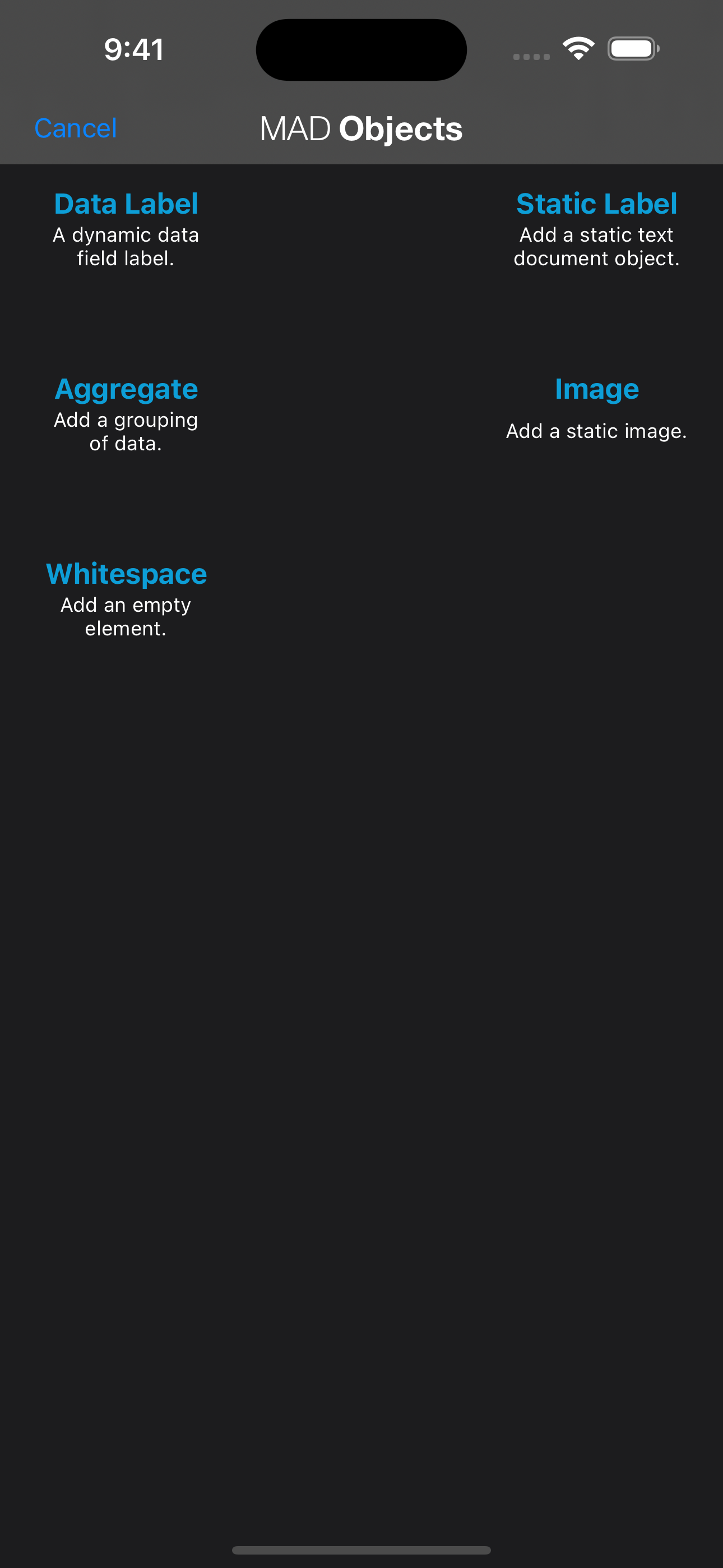 A screenshot showing how to select a new data field for the report designer, with options for data label, static label, aggregate, image, and whitespace.